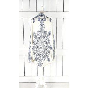 Ivory blue tribal tie dye bohemian sheer gauzy kimono cocoon cardigan shrug